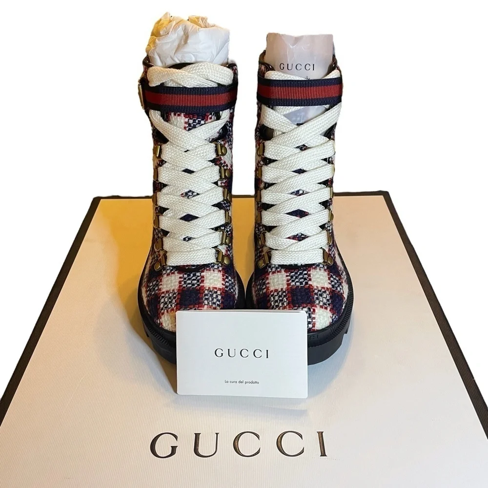 NIB Gucci Trip 40 Bootie in Plaid Tweed Sz. 34.5 (4.5)